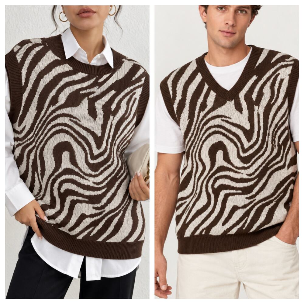 Super Massive Men's Zebra Swirl Knit Sweater Vest Brown Cream Size Large L